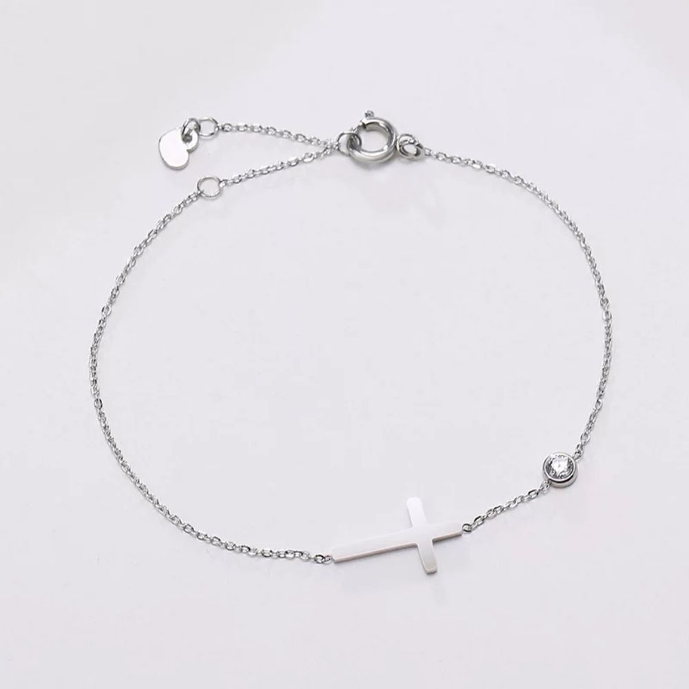 Silver Sideways Cross Bracelet Cubic Zircon Charm - Picture 2 of 5